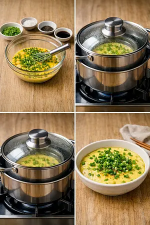 Huevos al vapor con cebollín - guia visual del proceso