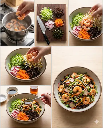 Ensalada de camarones con vegetales - guia visual del proceso