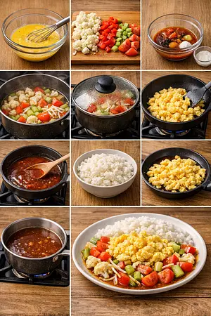 Huevos y legumbres en salsa agridulce - guia visual del proceso