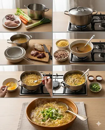 Sopa de pollo con fideos y huevo - guia visual del proceso