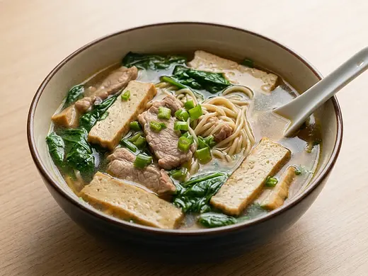 Sopa de tan-fu y espinacas con cerdo