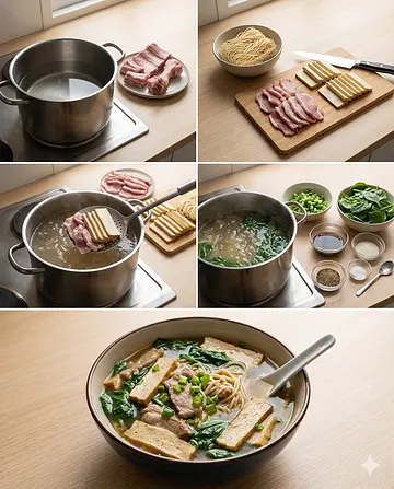 Sopa de tan-fu y espinacas con cerdo - guia visual del proceso