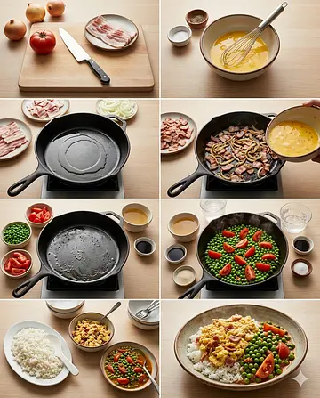 Arroz frito con huevo, tocino y chícharos - guia visual del proceso