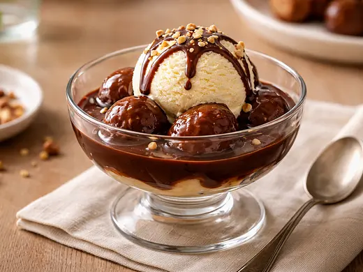 Marrons Glacés con Salsa de Chocolate y Helado de Vainilla