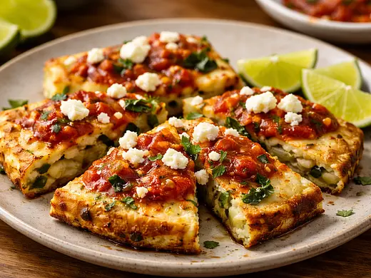 Tortilla de papa con rajas poblanas y elote, con salsa tatemada