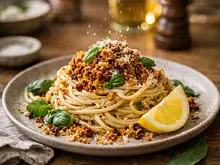 Espagueti al limón con ajo dorado y crumble de chile de árbol