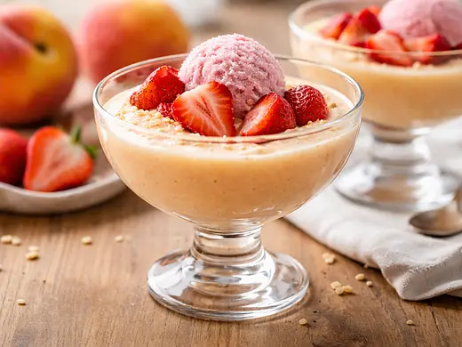 Mousse de durazno con helado de fresa