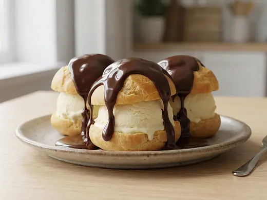 Profiteroles con Helado y Chocolate